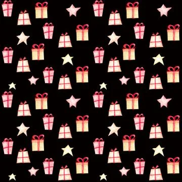 Seamless Christmas pattern with gift boxes and stars. Stock Illustration