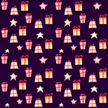 Seamless Christmas pattern with gift boxes and stars. Stock Illustration