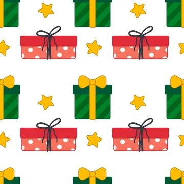 Seamless Christmas Pattern with Gift Boxes and Stars in Flat Style Stock Illustration