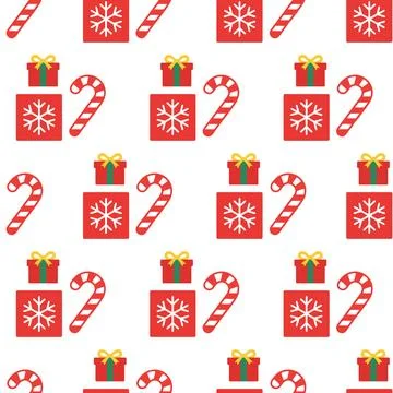 Seamless Christmas pattern with gift boxes and candy canes. Stock Illustration