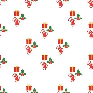 Seamless Christmas pattern with gift boxes, stockings, and holly leaves on .. Ilustración de archivo