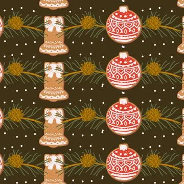 Seamless Christmas pattern with gingerbread bell bauble, festive cookies, w.. イラスト素材