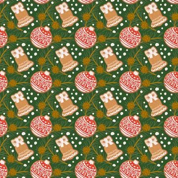 Seamless Christmas pattern with gingerbread bell bauble, festive cookies, w.. イラスト素材
