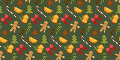 Seamless Christmas pattern, gingerbread cookies, tree, candy canes, red Bow.. Stock Illustration