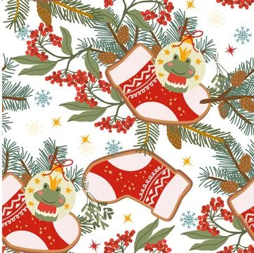 Seamless Christmas pattern with gingerbread cookies socks and festive Stock Illustration