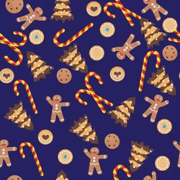 Seamless Christmas pattern with gingerbread man, cookies and candies Stock Illustration
