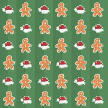 Seamless christmas pattern with gingerbread man and santa hat on green Stock Illustration