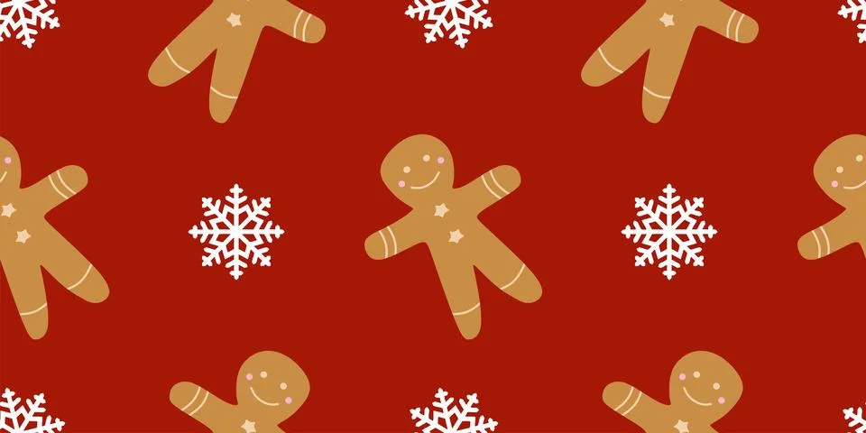 Seamless Christmas pattern with Gingerbread man and snowflake on red backgr.. Stock Illustration