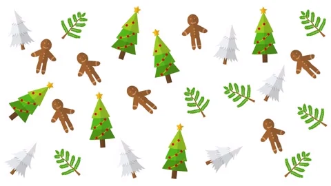 Seamless Christmas Pattern with Gingerbread Men, Festive Trees and Pine Leaves Stock Footage 345539183