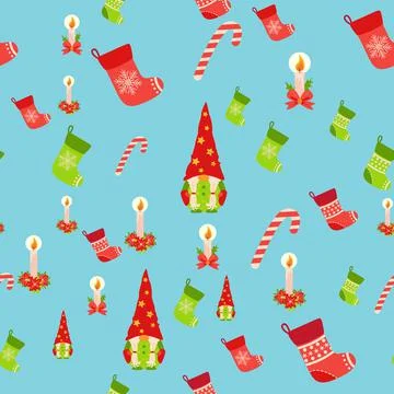 Seamless Christmas pattern with gnome, candle, stocking, candy cane. Wrapping Stock Illustration