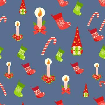 Seamless Christmas pattern with gnome, candle, stocking, candy cane. Wrapping Stock Illustration