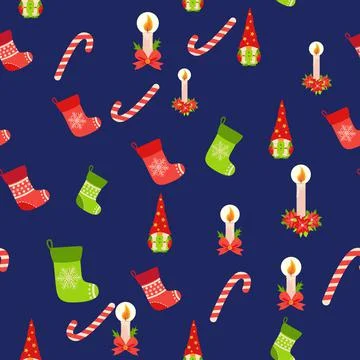Seamless Christmas pattern with gnome, candle, stocking, candy cane. Wrapping Stock Illustration