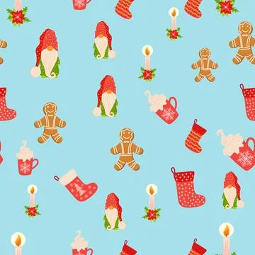 Seamless Christmas pattern with gnome, candle, gingerbread, stocking. Wrappin Stock Illustration