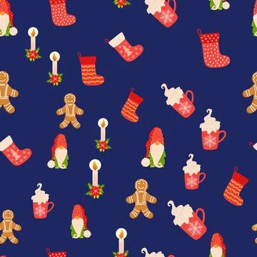 Seamless Christmas pattern with gnome, candle, gingerbread, stocking. Wrappin Stock Illustration