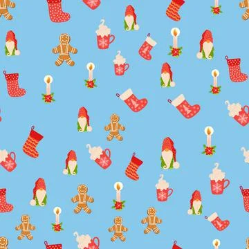 Seamless Christmas pattern with gnome, candle, gingerbread, stocking. Wrappin Stock Illustration