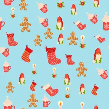 Seamless Christmas pattern with gnome, candle, gingerbread, stocking. Wrappin Illustrazione stock