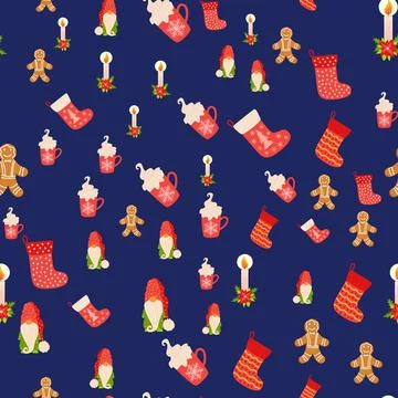 Seamless Christmas pattern with gnome, candle, gingerbread, stocking. Wrappin Illustrazione stock