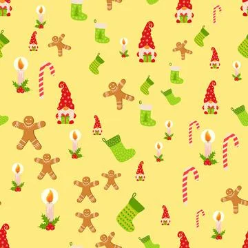 Seamless Christmas pattern with gnome, gingerbread, candle, stocking, candy c Illustrazione stock