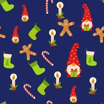 Seamless Christmas pattern with gnome, gingerbread, candle, stocking, candy c Stock Illustration