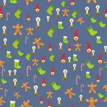 Seamless Christmas pattern with gnome, gingerbread, candle, stocking, candy c Stock Illustration
