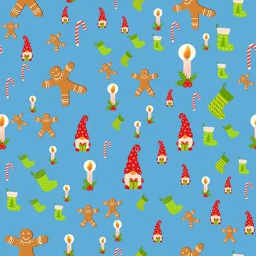 Seamless Christmas pattern with gnome, gingerbread, candle, stocking, candy c Stock Illustration