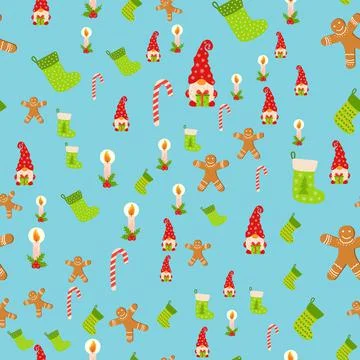 Seamless Christmas pattern with gnome, gingerbread, candle, stocking, candy c Stock Illustration