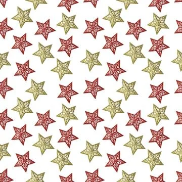 A seamless Christmas pattern of gold and red stars with patterns on a white b Stock Illustration