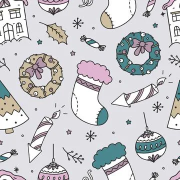 Seamless Christmas Pattern on Gray background Vector Doodle Christmas Illustrazione stock