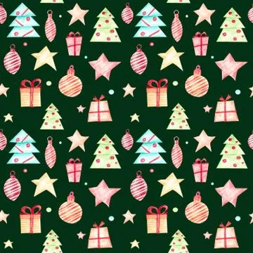Seamless Christmas pattern on a green background. Stock Illustration