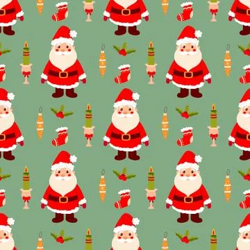 Seamless Christmas pattern on green background, santa,toy, sock.  Backgroun.. Stock Illustration