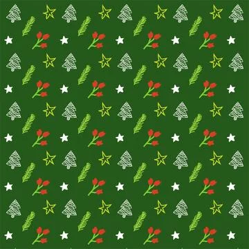 Seamless Christmas pattern with hand-drawn white and yellow stars, green Stock-Illustration