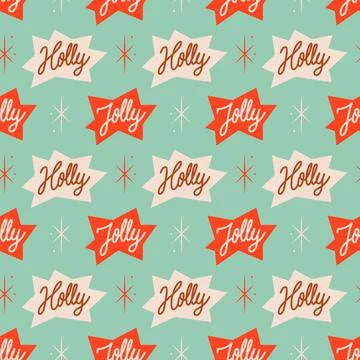 Seamless Christmas pattern with hand written text, Holly Jolly! Xmas concept. Illustrazione stock