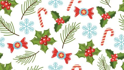 Seamless Christmas pattern with holly berries, spruce branches, candies, ca.. 스톡 일러스트