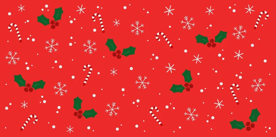 Seamless Christmas pattern with holly, candy canes, snowflakes and falling snow Illustrazione stock