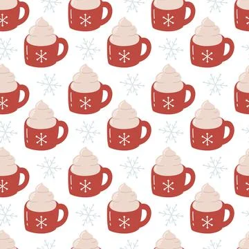 Seamless Christmas Pattern with Hot Cocoa Mug and Snowflakes, Cute Winter Illustrazione stock