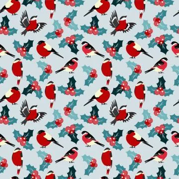 Seamless christmas pattern with leaves berries holly and birds bullfinch. Stock Illustration