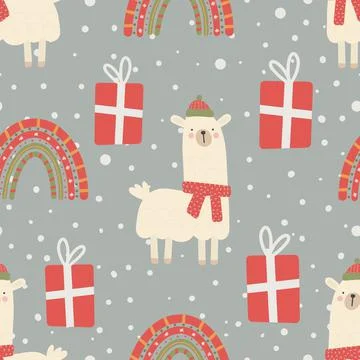 Seamless Christmas pattern with llama, rainbow and gifts Digital paper Stock Illustration