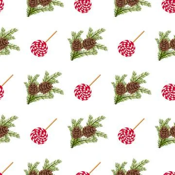 Seamless Christmas pattern with lollipops and branches of tree with cones Illustrazione stock