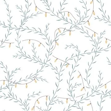 Seamless Christmas pattern with mistletoe foliage, garland, berries. Vector Stock Illustration