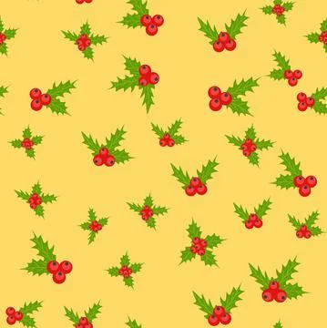 Seamless Christmas Pattern with Mistletoe, Spruce Branches, Green Leaves and  Stock Illustration