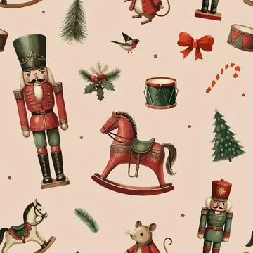 Seamless Christmas Pattern with Nutcracker and Toys. Illustrazione stock
