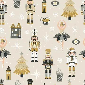 Seamless Christmas Pattern with Nutcrackers ballerina in Vector on beige. Illustrazione stock