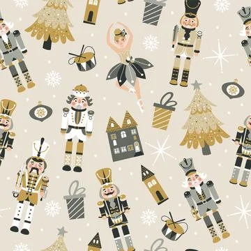 Seamless Christmas Pattern with Nutcrackers ballerina in Vector on beige. Illustrazione stock