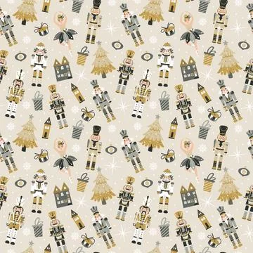 Seamless Christmas Pattern with Nutcrackers ballerina in Vector on beige. Illustrazione stock