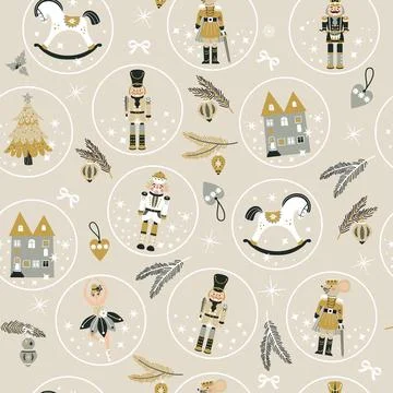 Seamless Christmas Pattern with Nutcrackers ballerina in Vector on beige. N.. Illustrazione stock