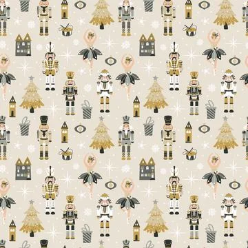 Seamless Christmas Pattern with Nutcrackers ballerina in Vector on beige. Illustrazione stock