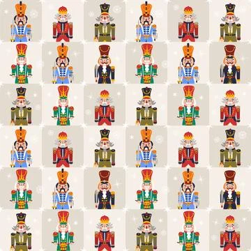 Seamless Christmas Pattern with Nutcrackers portrait on a square checkered .. Illustrazione stock