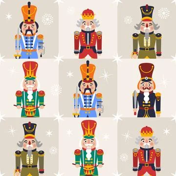 Seamless Christmas Pattern with Nutcrackers portrait on a square checkered .. Illustrazione stock