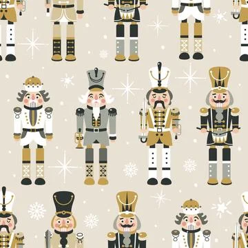 Seamless Christmas Pattern with Nutcrackers in Vector in beige. Illustrazione stock