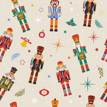 Seamless Christmas Pattern with Nutcrackers in Vector on beige. Illustrazione stock